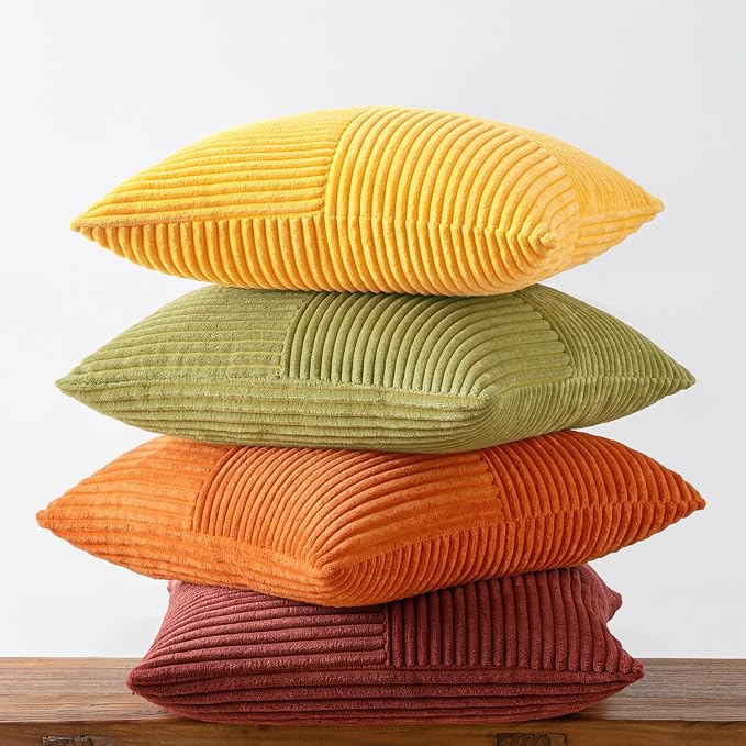 MIULEE Fall Yellow Orange Rust Throw Pillow Covers 18x18 Inch 4 Packs Boho Farmhouse Decorative Color-Clash Pillow Cases Soft Cushion Cases for Couch Sofa Bed Corduroy Striped Home Decor