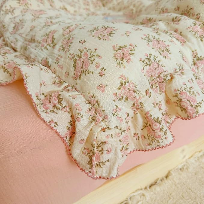 Vintage Floral Queen Duvet Cover Cotton Muslin Comforter Cover with Ruffles, Soft Lightweight Gauze Bedding Quilt Cover 90"x90", No Pillow Case, Zipper & Corner Ties, Machine Wash