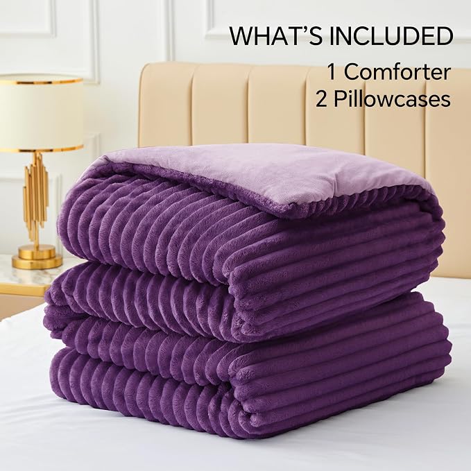 BEDELITE Fleece Full Comforter Set, Fluffy Bed Set, Purple | Super Soft & Warm Bedding, Luxury Fuzzy Faux Fur Comforter for Winter, Heavy Plush Bedding, with 2 Pillowcases