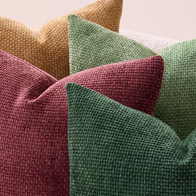 MIULEE Soft Decorative Chenille Pillow Covers Christmas Dark Green 18x18 | Pack of 4,Christmas Decor, Green Red Accent Set, Couch Throw Pillows, Farmhouse Boho Cushion Covers for Sofa Bed Living Room