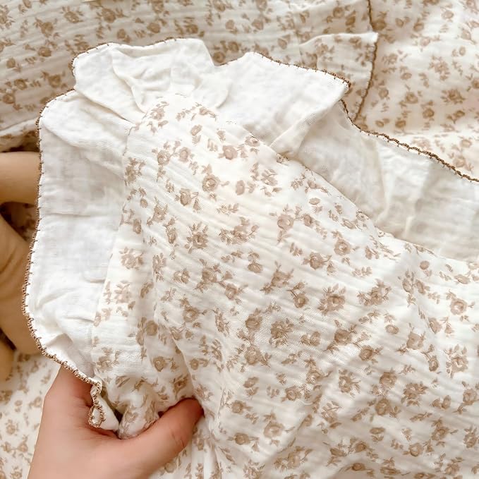Soft Cotton Muslin Duvet Cover Girls Kids Floral Duvet Cover Beige Crib Bedding Comforter Cover Quilt Cover, 47"x59", Camellia Print (Pillowcases Not Included)