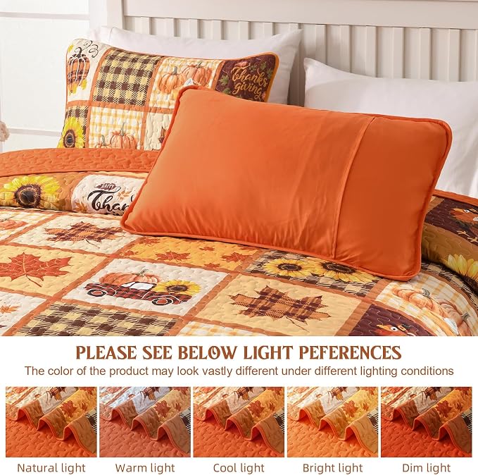 Fall Patchwork Quilt Set Queen, Thanksgiving Pumpkin Maple Leaves Bedding | Orange Brown Autumn Bedspread Sunflower Pattern, Soft Microfiber Coverlet Thanksgiving Day Gift with 2 Pillowcases