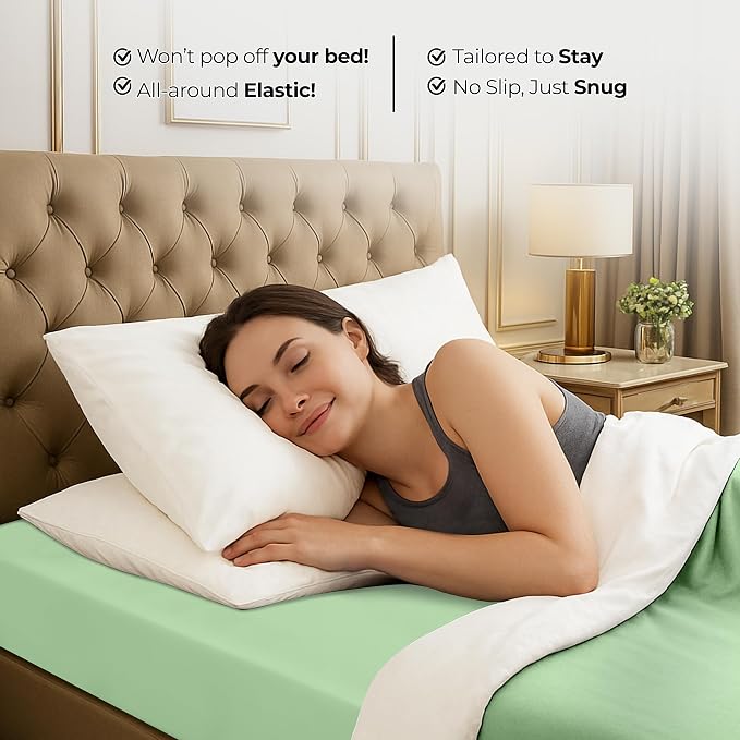 Queen Fitted Sheet, Ultra Soft Fits Up to 16 Inch Deep Pocket, Sage | Hotel Comfort, Cooling & Breathable Cotton like Polyester, Easy Fit, Wrinkle & Fade Resistant, Snug Fit, Easy Care, Oeko-Tex