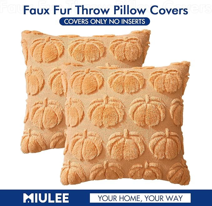 MIULEE Fall Pillow Covers Pumpkin Fall Decor 18x18 Pumpkin | Set of 2 Fall Decorations for Home, Plush Faux Fur Farmhouse Accent Pillowcases, Porch Sofa Couch Cushion Bed Livingroom