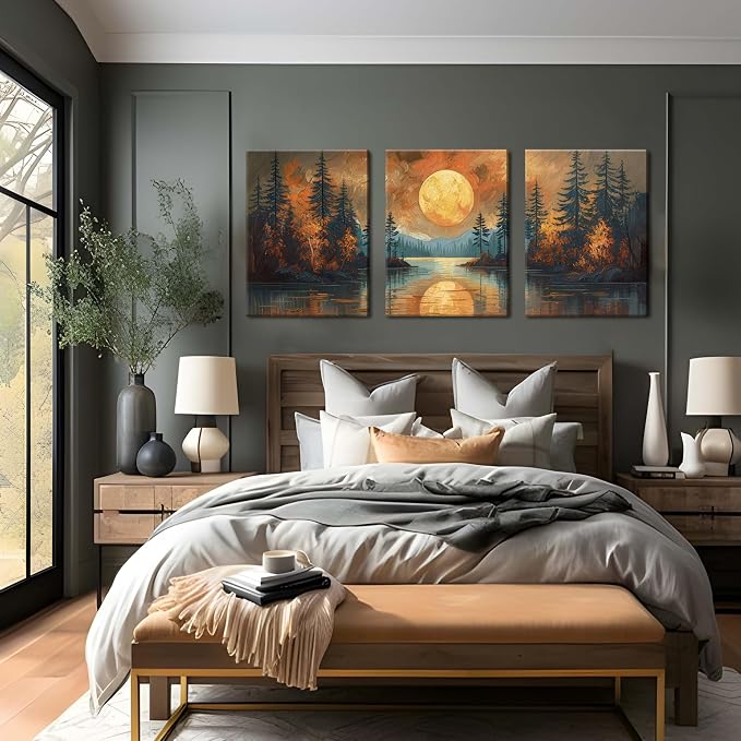 Framed Gold Mountain Forest Sunset Landscape Wall Art Set of 3, Abstract Boho Lakeside Forest Sunset Wall Decor, Vintage Nature Landscape Canvas Prints Poster for Living Room Bedroom Office 12x16 Inch