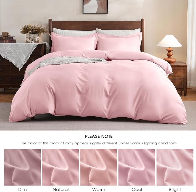 FreshCulture Duvet Cover Full Size - 3 Pieces Microfiber Duvet Cover Set with Zipper Closure - Lightweight & Easy Care - 1 Comforter Cover & 2 Pillow Shams - Comforter Not Included (Pink)