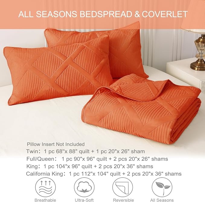 Exclusivo Mezcla Quilt King Size, Burnt Orange | Soft Bedspreads with 2 Pillow Shams, Modern Striped Pattern, Lightweight Bedding Set Coverlets for All Seasons, 104x96 Inch
