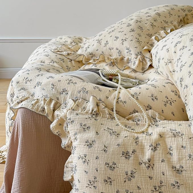 Muslin Duvet Cover Queen, Chic Ruffles Comforter Cover 90"x90",Princess Girls Teens Bedding Double-Layer Gauze Cotton Quilt Covers with Zipper Closure, Hyacinth Print, No Pillow Case