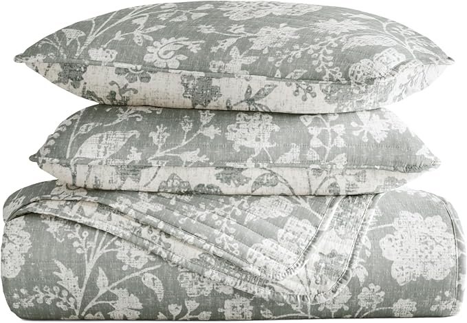 Merit Linens 3 Piece Quilt Set - Super Soft - Lightweight - All Season Quilted Coverlet - Floral Patterns - Full/Queen Eucalyptus