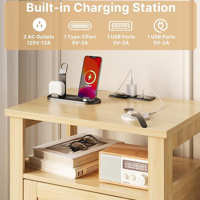 Decofy Farmhouse 2-Drawer Nightstand Set of 2 with Charging Station, Oak | Open Shelves, AC Outlets, USB And Type C Ports, Rustic Wood Bedside Tables, Storage For Small Items