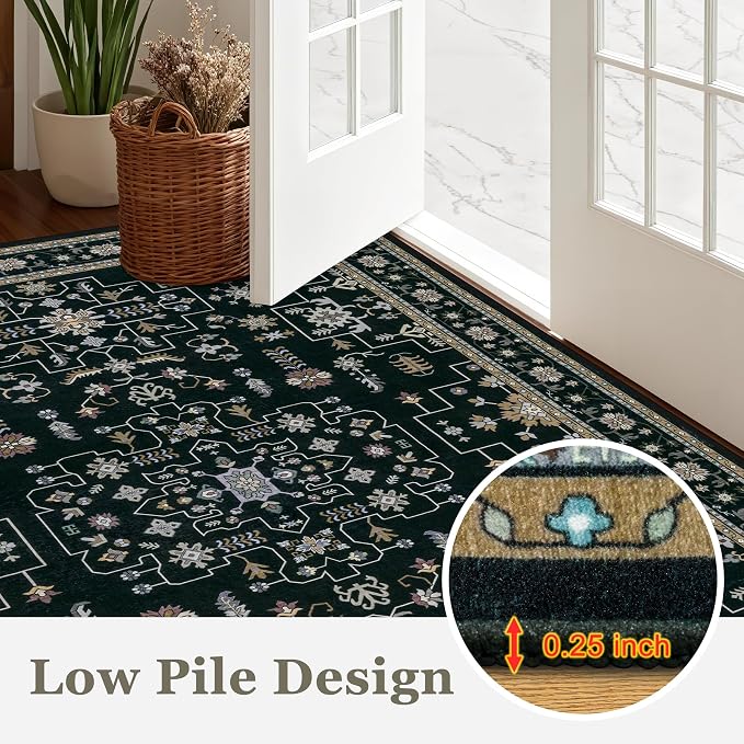 Round Area Rug for Living Room: 6ft Washable Rug for Bedroom Black | Vintage Boho Soft Round Rug Indoor Floor No Slip Carpet Stain Resistant Rugs for Bedroom Dining Room Nursery Home Office