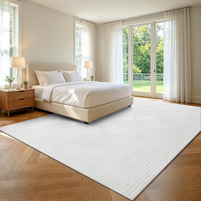 Pauwer 9x12 Area Rugs for Living Room, Modern Non Slip Washable Rug, White | Arch Pattern, Soft Fluffy, Neutral, Boho Accent, Solid Color Floor Carpet, For Kids Room Dining Room Nursery Entryway