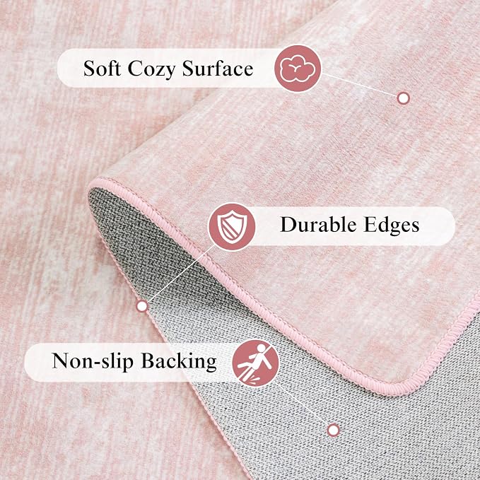 8x10 Washable Area Rug, Pink Solid Area Rugs for Living Room & Bedroom | Stain-resistant & Non-slip backing,Low Pile Washable Large Carpet, Solid Vintage Style For High Traffic Areas(8x10,Pink)