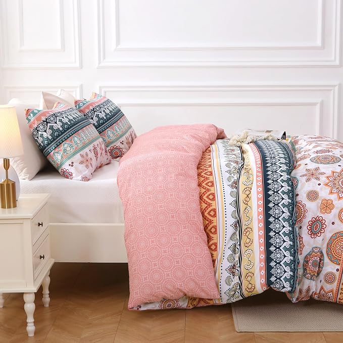 MUXHOMO Duvet Cover Queen Size Floral Duvet Cover Set with Zipper Closure, Boho Flower Bedding Set, 3 Pieces, 1 Duvet Cover 90"x90" with 4 Corner Ties and 2 Pillowcases 20"x30"
