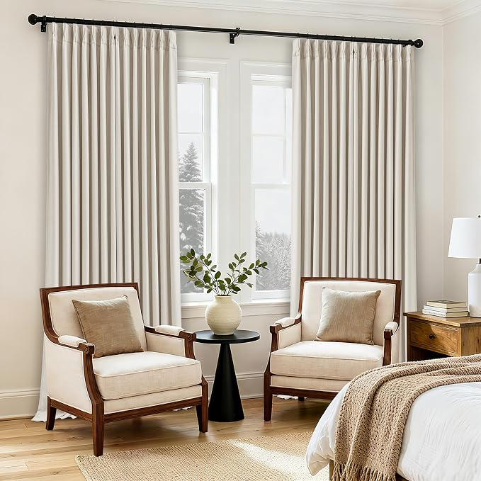 102 Inch Pinch Pleated Blackout Curtains for Bedroom 2 Panels Natural | Thick Linen Textured, Memory Trained, 100% Black Out Room Darkening, Cream Window Curtains Double Layer, Pinch Pleat Drapes