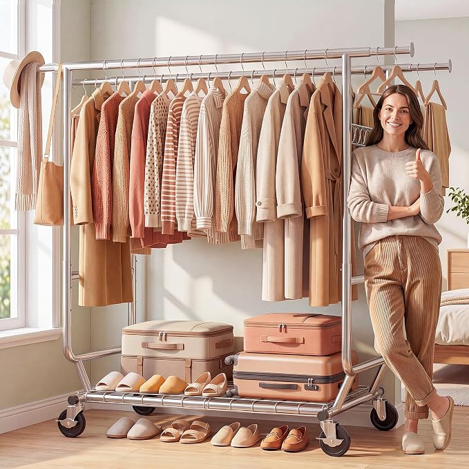 HOKEEPER Clothes Rack Heavy Duty Clothing Rack Load 650 LBS Collapsible Garment Rack with Wheels Double Rod Clothes Rack for Hanging Clothes Commercial Portable Closet Rack with Shelves 22"D*75"W*68"H | Garment Rack with Wheels Double Rod Clothes Rack ...