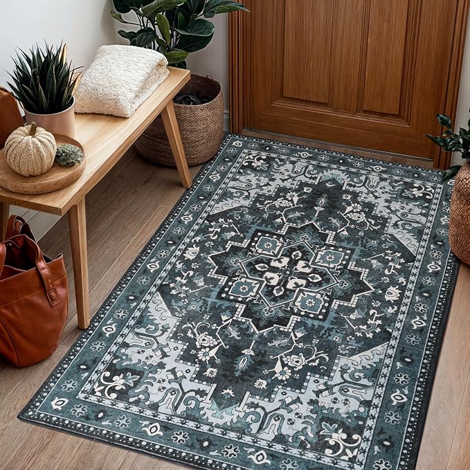 Rugflix 3x5 Entrance Rugs, Washable Dark Navy Blue Entry Small Rug | Machine Washable; Stain-Resistant; Low Pile; Non-Slip; Vintage Farmhouse; Carpet for Entryway Kitchen Hallway Home
