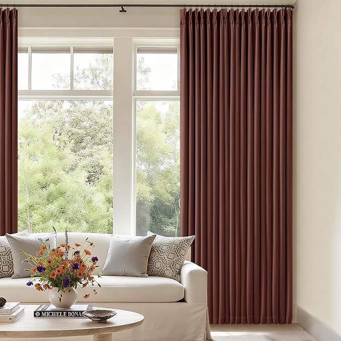 Brown Red Pinch Pleated Blackout Curtains 102 Inches Long for Bedroom | 100% Black Out, Thick Linen Dual Layer, Pinch Pleat Drapes, Farmhouse Country, Terracotta Maroon, for Dining Living Room