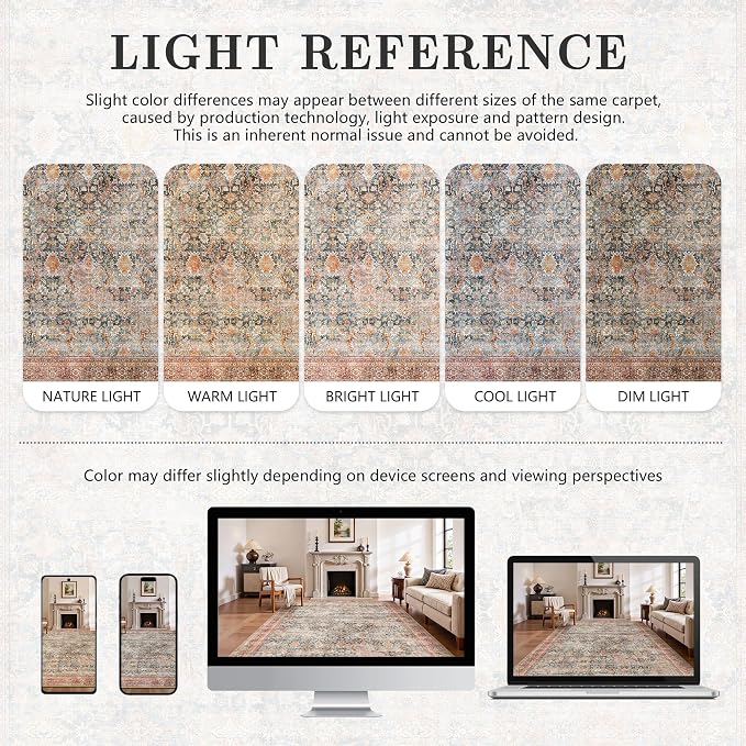 5x7 Area Rugs - Washable Vintage Retro Living Room Rug, Soft Ultra Thin Non Slip Low Pile Traditional Distressed Boho Carpet for Bedroom Dining Room Nursery Home Office, Rust Clay