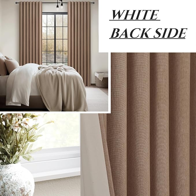 100% Blackout Curtains 84 Inch Length 2 Panels Set Farmhouse Style for Bedroom Windows/Living Room Thermal Insulated Neutral Boho Drapes Linen Blend Chocolate RustBrown 7ft Long Hook Belt Pleated