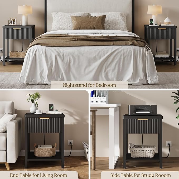 Night Stand Set 2, Fluted Wood Nightstands w/Charging Station for Bedroom | Black, Storage Drawer, Open Shelf, Metal Silent Rails, Round Corners, Modern Fluted Panel, Living Room, Bedside Table