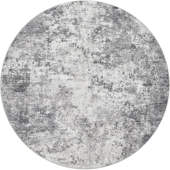 UERMEI 8ft Round Area Rug Living Room Rugs - 8x8 Washable Neutral Modern Abstract Soft Thin Rug Indoor Floor No Slip Rug Carpet for Bedroom Under Dining Table Home Office Decor - Grey