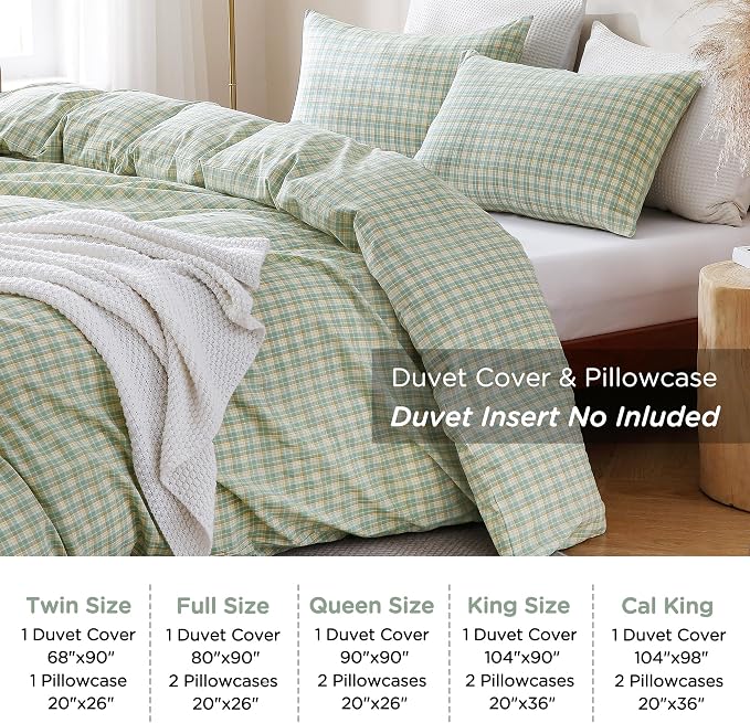 TOCOMOA Plaid Duvet Cover Set 100% Washed Cotton Like Linen, Queen | Linen-Like Feel Soft, Breathable & Comfy for All Season. Green & Yellow Bedding Set with Zipper & 8 Ties. 3 Pcs, No Insert