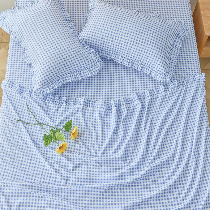 Gingham Queen Sheet Set, Lightweight Super Soft Brushed Microfiber Plaid Bed Sheets with 16" Deep Pocket, 4 Piece Ruffle Farmhouse Bedroom Decor, Blue