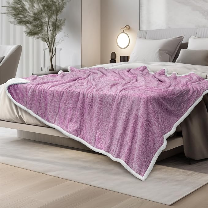 Premium Sherpa Melange Throw Blanket for Couch, Sofa by Pavilia | Soft, Fluffy, Plush, Warm, Cozy | Fuzzy Lightweight Microfiber, Purple Wine Luxury Modern Reversible TV Blanket | 50 x 60 Inches