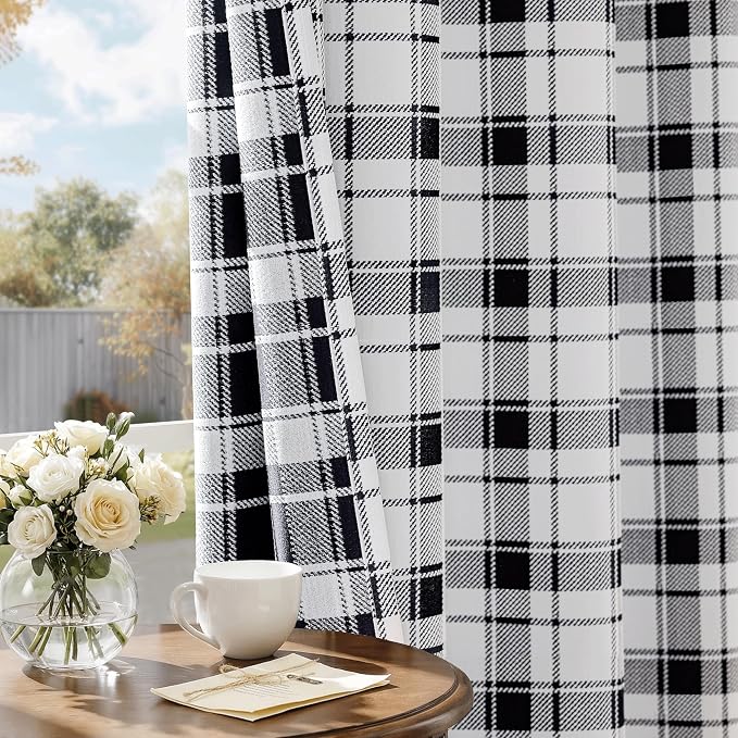 Beauoop Black White Plaid Jacquard Blackout Curtains Bedroom 52x96 2 Panels | Gingham Checkered Buffalo Room Darkening Drapes for Living Room 96 Inch Long Thermal Soundproof Window treatment Grommet
