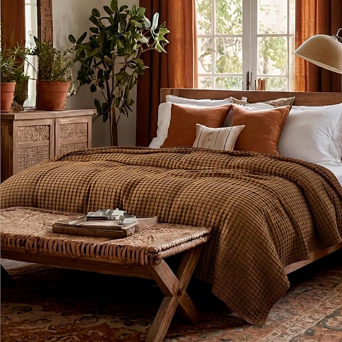 Bedsure Cooling Cotton Waffle Full Size Blanket - Lightweight Breathable Blanket of Rayon Derived from Bamboo for Hot Sleepers, Luxury Throws for Bed, Couch and Sofa, Burnt Orange, 80x90 Inches