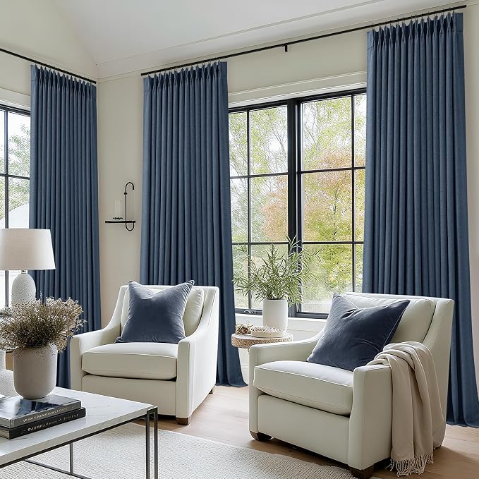 Navy Blue Pinch Pleated Linen Blend Full Blackout Curtains 86 Inch Length | Linen Blend Window Curtain with Liner, 100% Black Thermal Insulated, Pinch Pleat with Hooks Rings, for Living Room Bedroom