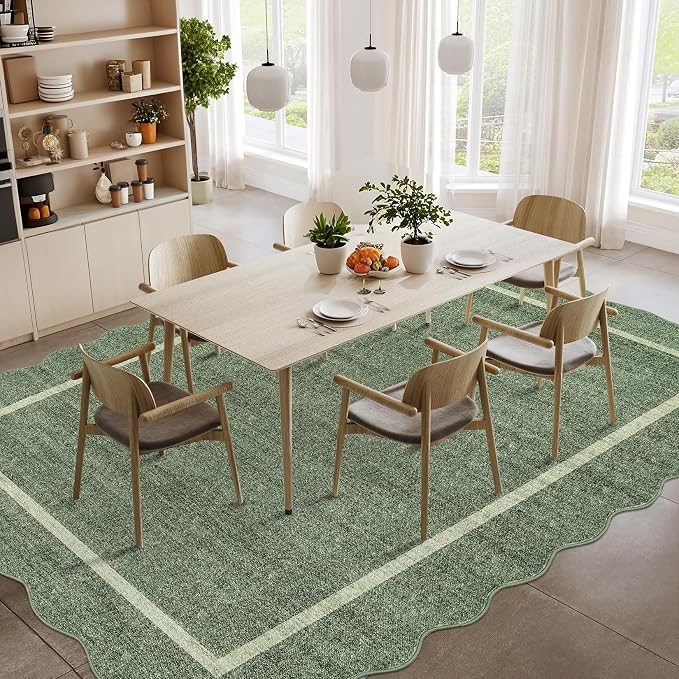 GarveeHome Scalloped Washable Rug 5x7 Area Rug for Living Room Non Slip | Modern Throw Rugs Bedroom Rugs Low Pile Soft Non Shedding Stain Resistant Carpet for Dining Room Nursery 5'x7' Greyish Green