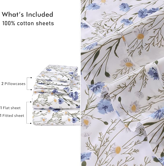 RUVANTI 100% Cotton Percale Sheets Full Size, Sweet Pea | Crisp Cooling, Deep Pocket 16", Soft Breathable & Durable, Hotel-Style, 4 Piece Set
