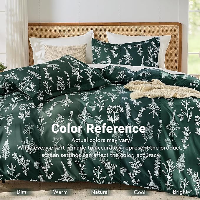 MUXHOMO Duvet Cover Queen Size, Reversible Floral Forest Green Duvet Cover Set with Zipper Closure, 3 Pieces Botanical Patterns Soft Microfiber Bedding Set with 4 Ties (90"x90", 2 Pillow Cases)
