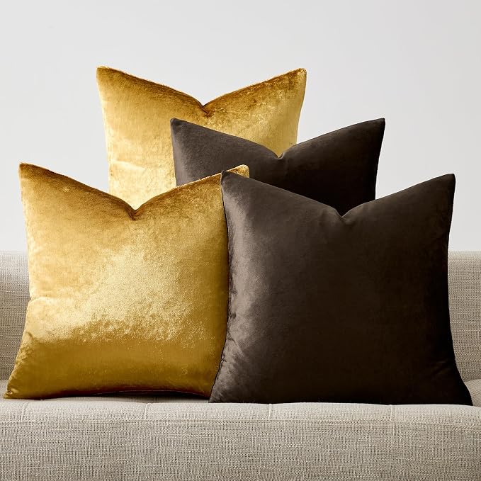 GIGIZAZA Pack of 4 Decorative Velvet Pillow Covers 20x20 Brown Gold | Throw Pillows for Couch Sofa,280gsm Soft Textured Fabric,Modern Accent Pillowcases,Luxury Living Room Cushion Covers