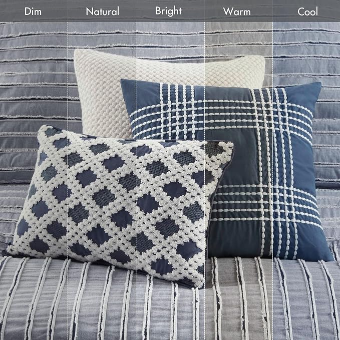 Madison Park Farmhouse Queen Cotton Comforter Set with Removable Cover, 8pc | Clipped Jacquard Stripes with Buttons Bedding Set, Boho, Oversized, Easy Care, Breathable, Cozy, All Season, Ultra Soft