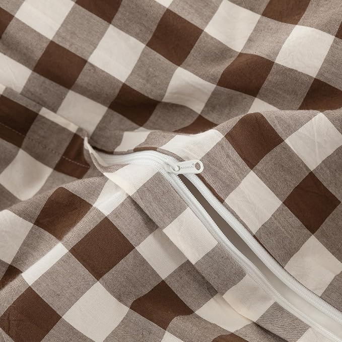BESTOUCH Gingham Cotton Duvet Cover Set Cocoa Brown King | Washed Cotton, Linen Feel, Soft Wrinkle Texture, Hidden Zipper, 8 Ties, Breathable Lightweight Durable Comfy, 3 Pcs No Insert