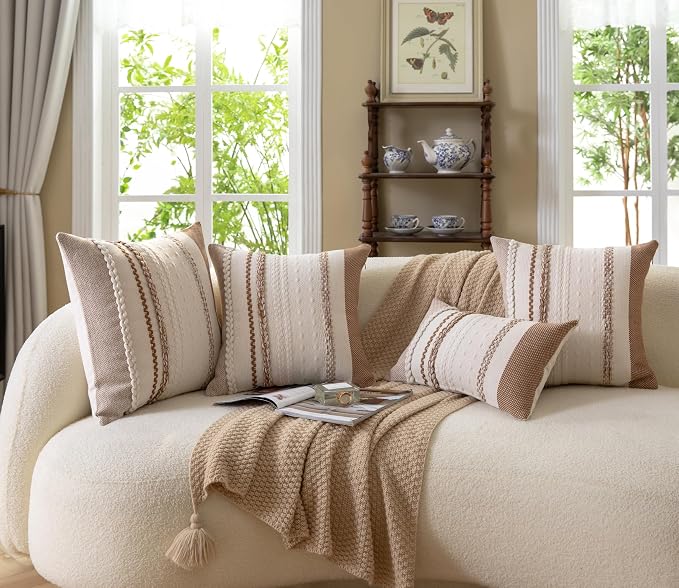 Cethom Boho Throw Pillow Covers 12x20 Inch Set of 2, Brown Textured Decorative Couch Pillow Cases for Farmhouse Home Decor, Accent Cushion Cover for Sofa, Bed, Living Room, Bedroom