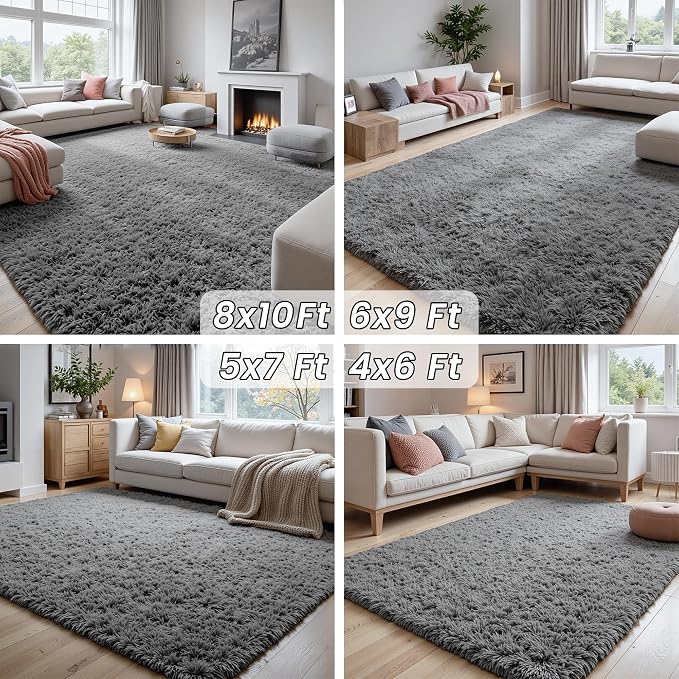 4x6 Fluffy Shag Area Rugs for Living Room Bedroom: Soft Carpet Light Gray | Upgraded Non-Slip Thick Memory Foam, Ultra Soft, Non-Shedding Fuzzy Carpet, Easy Clean Decor for Kids Room, Nursery, Playroom