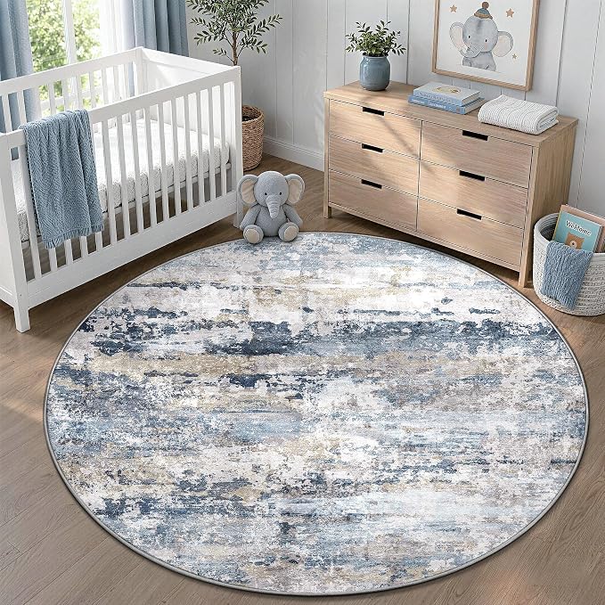 pmtsns Round Rug 4ft for Bedroom: Washable Circle Rug Modern Abstract Neutral Soft Non-Slip Low-Pile Entryway Carpet for Living Room Dining Room Nursery Home Office (Blue Grey Brown, 4' Round)