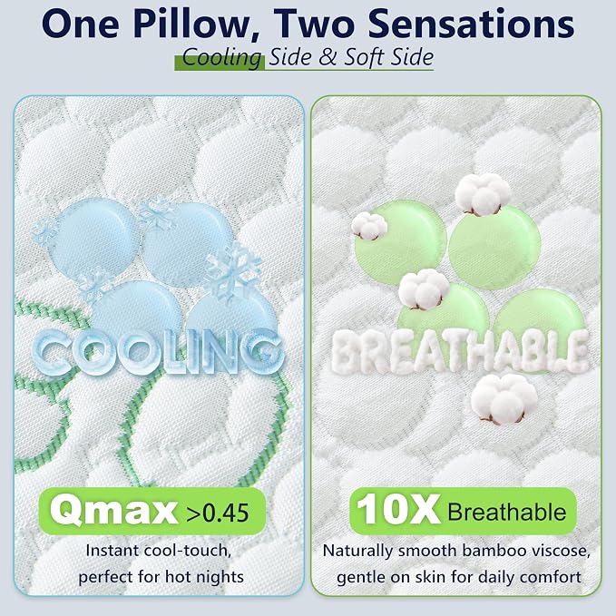 Cooling Pillows, Shredded Memory Foam Pillows King Size Set of 2 Adjustable Firm Bamboo Bed Pillows for Hot, Side, Back and Stomach Sleepers