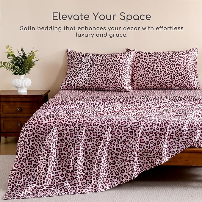 MR&HM Satin Sheets Twin Size with Elastic Corner Straps, Pink Leopard | Similar to Silk, 3-Piece Silky Soft Bed Sheet Set, Gentle on Skin and Hair, 15" Deep Pocket, Cooling & Breathable