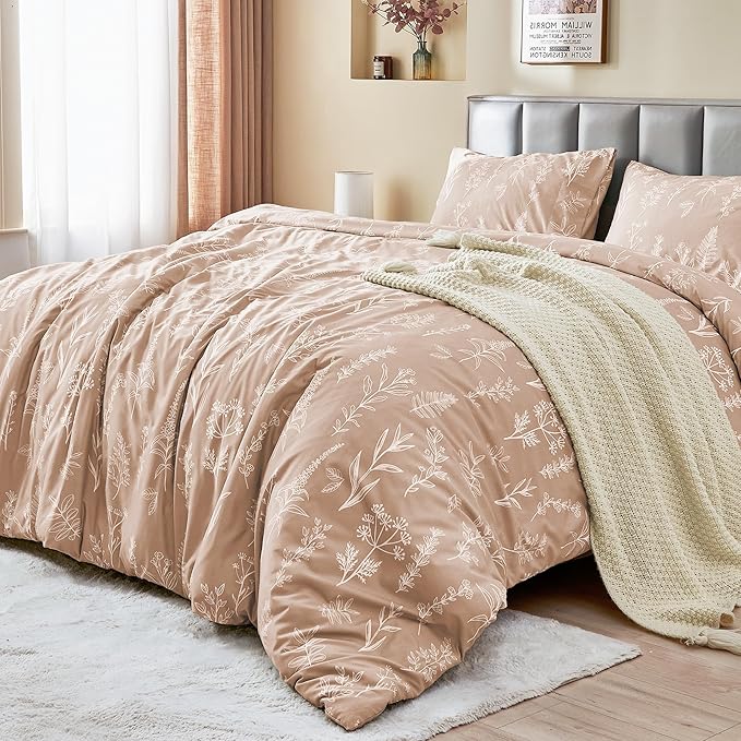 MUXHOMO Duvet Cover Twin/Twin XL Size Set, Reversible Floral Rosy Gold Duvet Cover with Zipper Closure, 2 Pieces Botanical Patterns Soft Bedding Set with 4 Ties (68"x90", 1 Pillow Case)