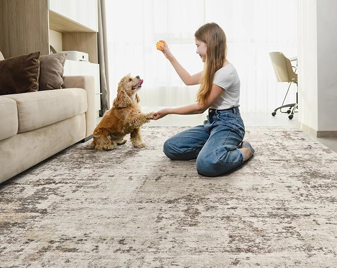 UERMEI 9x12 Area Rug Living Room Rugs - Washable Neutral Modern Abstract Soft Thin Large Rug Indoor Floor No Slip Rug Carpet for Bedroom Under Dining Table Home Office Decor - Dark Brown