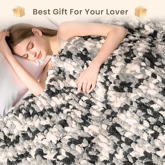 L'AGRATY Chunky Knit Throw Blanket for Couch, 50 x 60 Inches, Black White | Handmade Chenille Crochet Blanket for Sofa Bed, Thick Cable Knitted Blankets for Room Home Decor, Birthday Gift for Women Mom