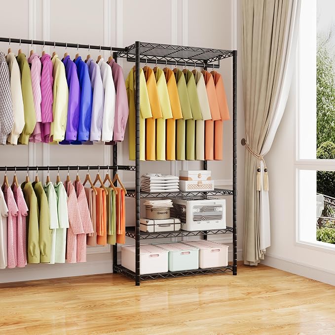 ecobedding Heavy Duty Garment Rack, 900LBS Max Load Freestanding Closet Organizer with 6 Storage Shelves & 3 Adjustable Hanging Rods, Multifunctional, Glossy Black, 15.75" D x 70-88.5" W x 76.5" H