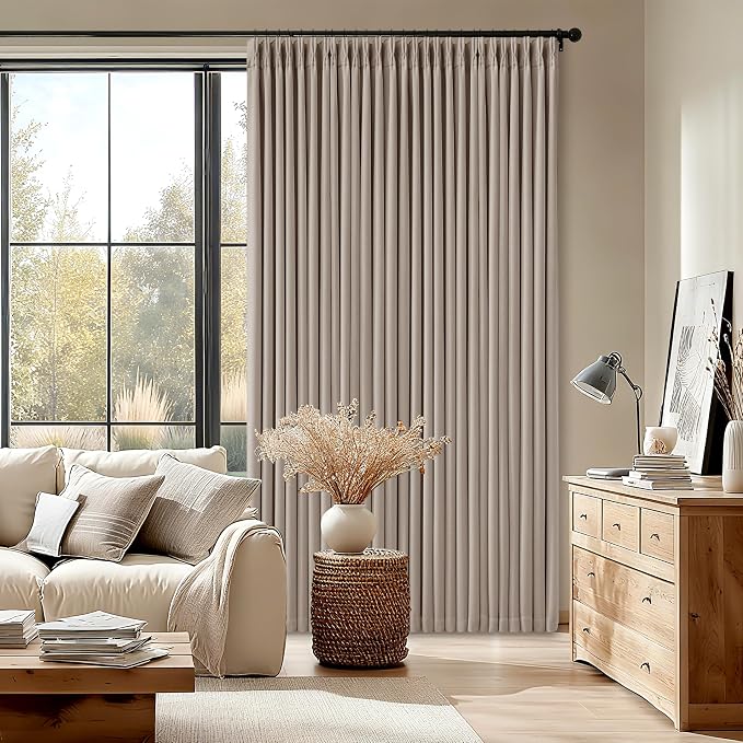 70 Inch Wide Blackout Pinch Pleat Curtains 108 Inches Long Burlywood Birch | Memory Trained, Linen Textured Two Layer, Thermal Insulated, Extra Wide Drapes for Bedroom Living Room Sliding Door, 1 Panel