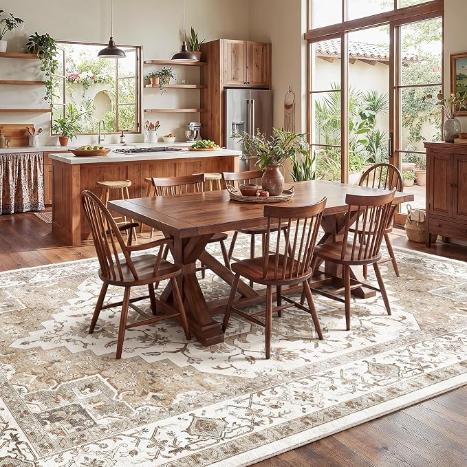 Amada 8x10 Area Rugs, Low-Profile Large Washable Area Rug with Non-Slip Backing & Durable Edge Binding, Vintage Rugs for Living Room, Bedroom, Dinning Room