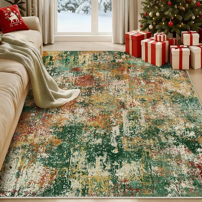 RELEANY Washable 5'x7' Abstract Area Rug for Living Room Green Multi | Carpet for Bedroom, Kitchen, Office, Hallway and Entryway, Printed Pattern, Non‑Slip, Soft, Stain‑Resistant, Easy to Clean